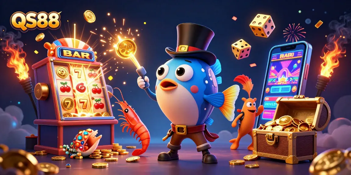 Experience thrilling gameplay at QS88 with a vibrant 3D casino illustration showcasing excitement and rewards.