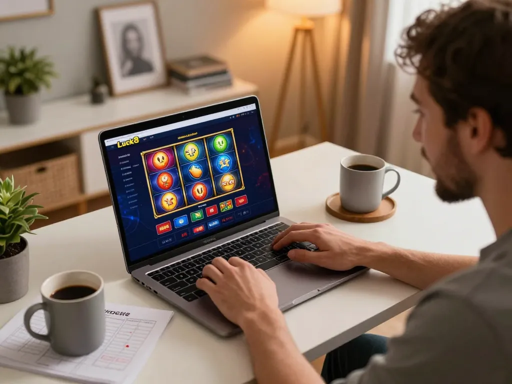 The player engages with Nhà cái Luck8 for online gaming, displaying excitement with colorful slots on the screen.