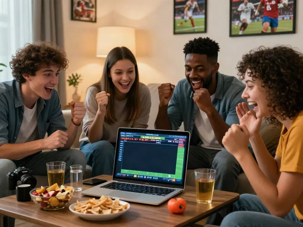 Friends enjoying vin88 online sports betting experience at home, celebrating wins with engaging visuals.