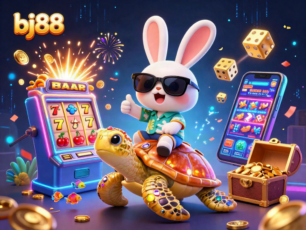 Experience exciting wins with bj88 in a vibrant 3D casino scene featuring a lucky rabbit and golden turtle.