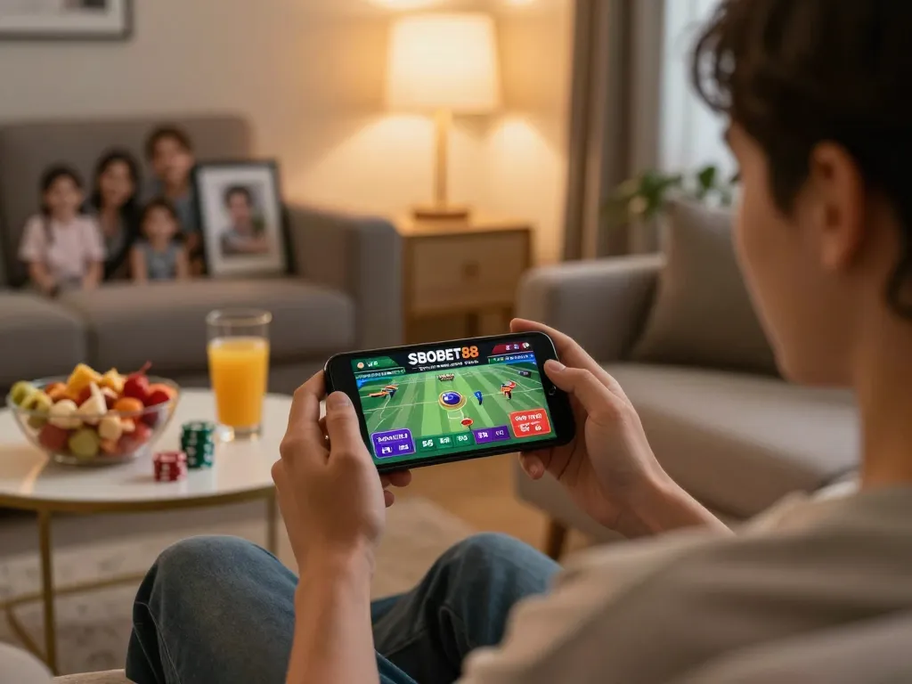 Orang yang terlibat dalam taruhan olahraga online dengan SBOBET88 di smartphone dalam lingkungan rumah yang nyaman