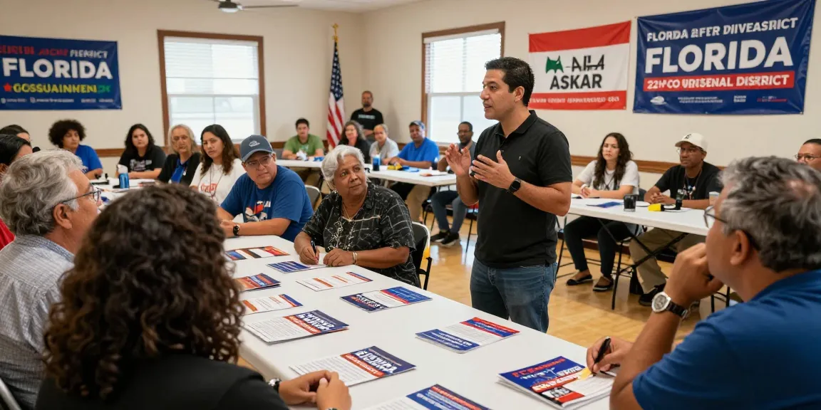 Casey Askar engaging with voters in a community hall during his campaign.