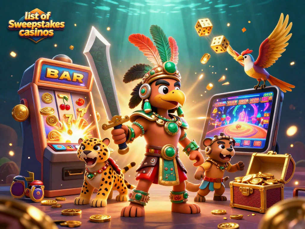 Experience the excitement of the list of sweepstakes casinos with vibrant 3D characters and winning symbols.