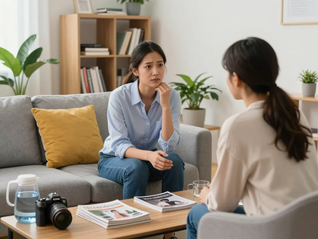 Engaging consultation scene addressing 情緒病 in a warm, inviting therapy room, showing a psychiatrist supporting a patient.
