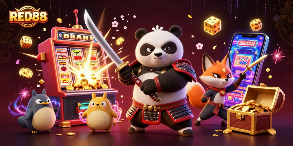 Spin to win at RED88 with an exciting 3D casino scene featuring a samurai panda and friends!