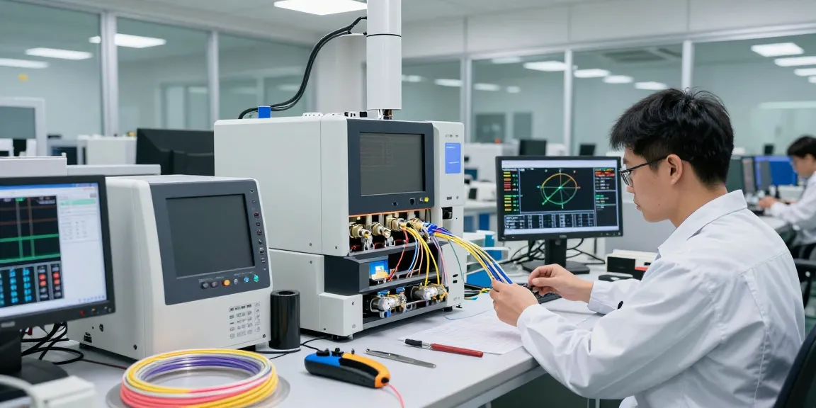 Precision optical connectors being inspected in a modern fiber optic facility