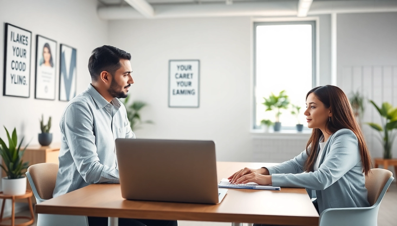 Client discussing their ideal career with a coach in a modern office setting.