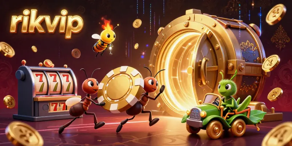 Ants running a heist carrying a giant poker chip in a vibrant casino scene with glowing elements, featuring rikvip.