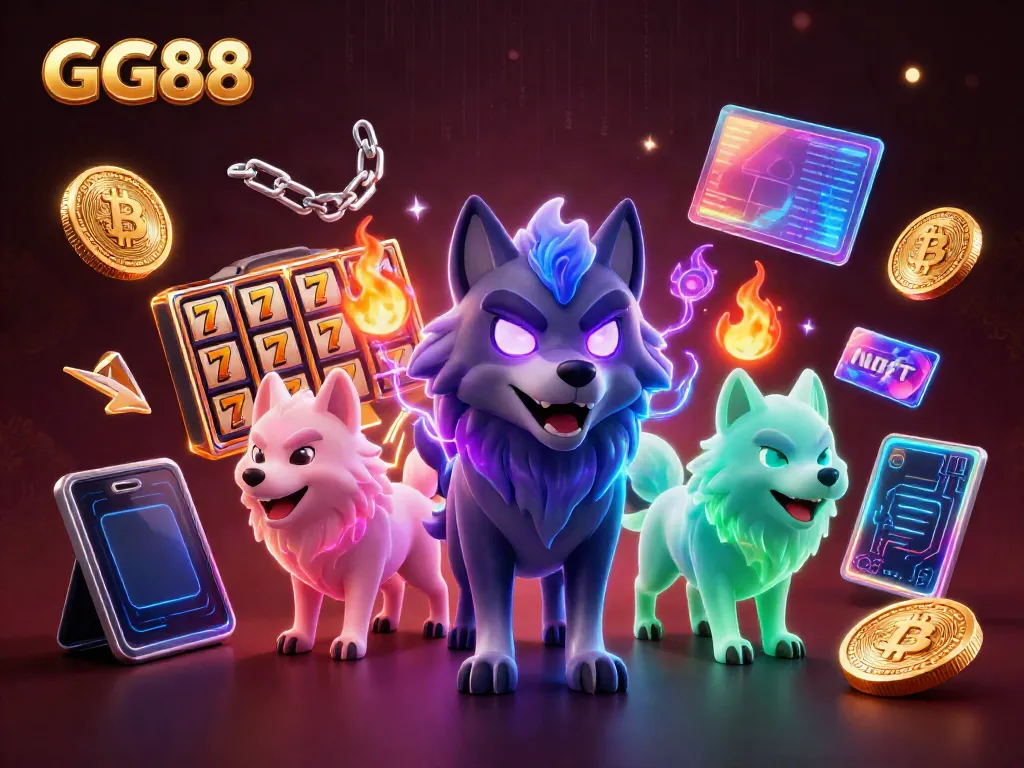 Engage with GG88's vibrant 3D casino environment featuring neon coins, slot reels, and dynamic wolves.