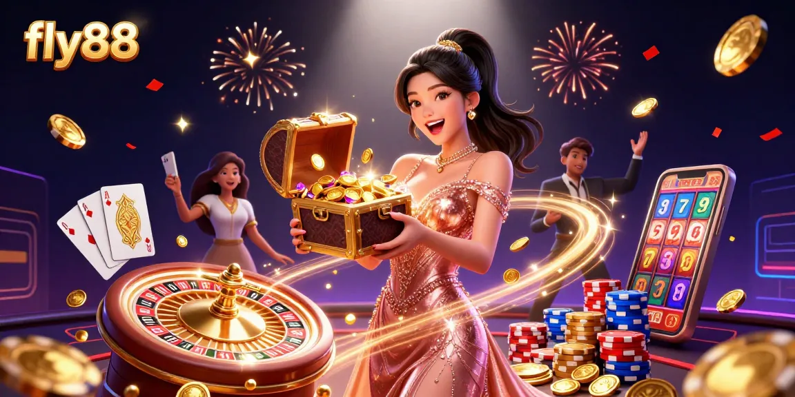 Experience excitement at fly88 with a glamorous treasure chest overflowing with riches, showcasing thrilling casino games.