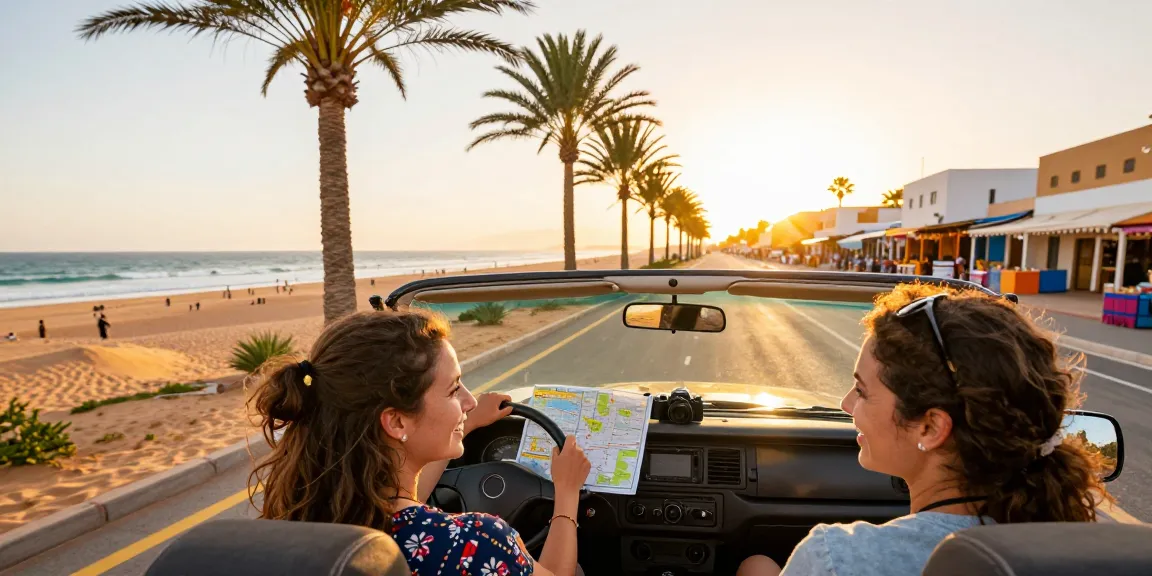 Agadir Car Rentals with a happy couple cruising along scenic Moroccan coastal roads.