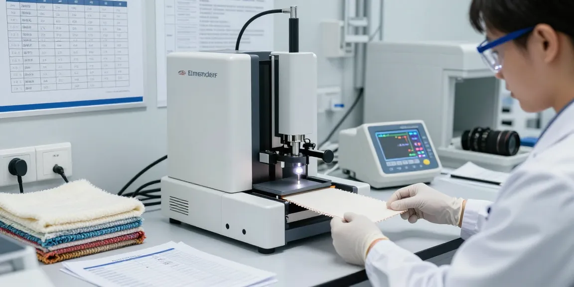 Technician performing the elmendorf test for fabric tearing strength in a professional laboratory.