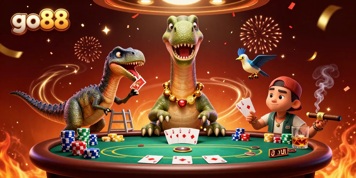 Experience exciting gambling action at go88 with a lively poker scene featuring 3D characters and dynamic elements.