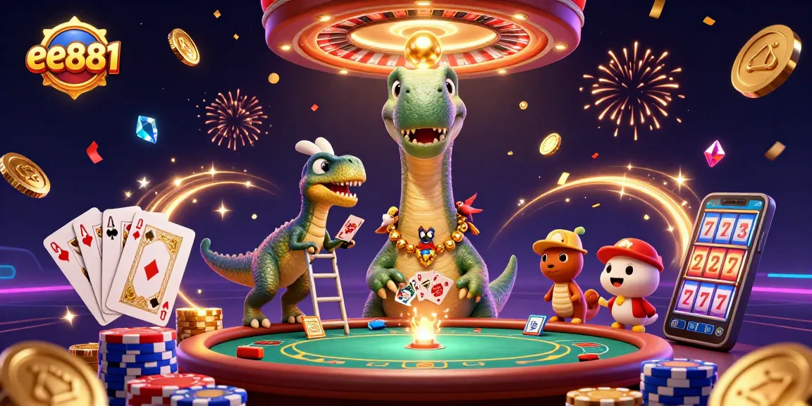 Experience the thrilling world of gambling at ee881 with a fun 3D casino scene filled with animated characters and games.
