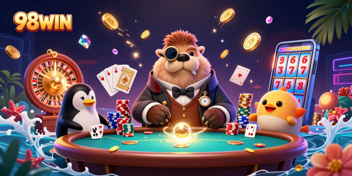 Experience the thrill of casino games with 98WIN featuring a jolly walrus, a clever penguin dealer, and a bluffing pufferfish.