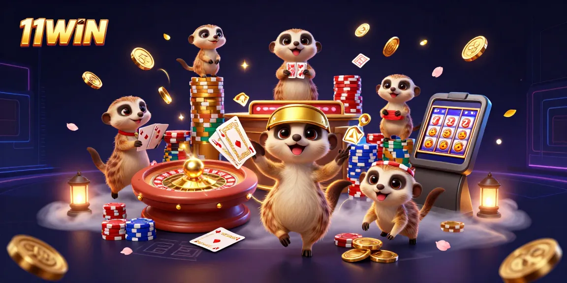 Experience the thrilling excitement of 11WIN's dynamic casino with lively meerkats managing games and chips.