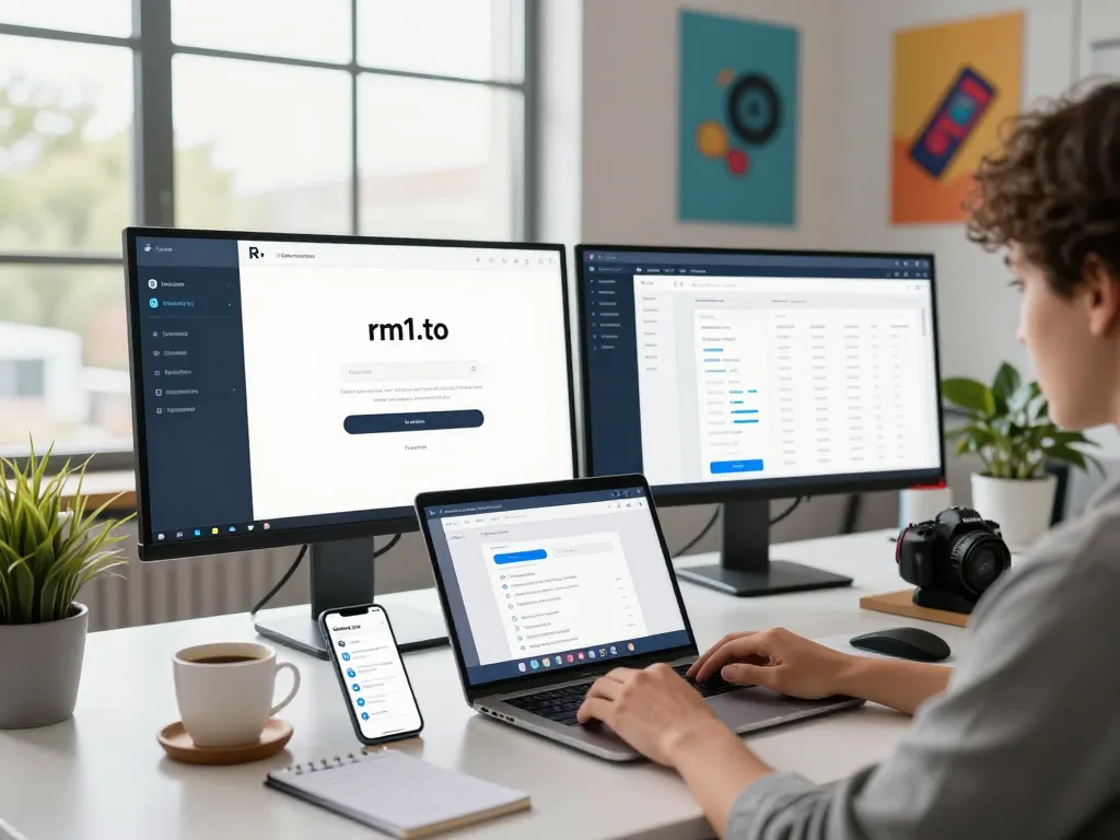 Focused individual using rm1.to login on laptop in a modern office setup, showcasing user-friendly interface.