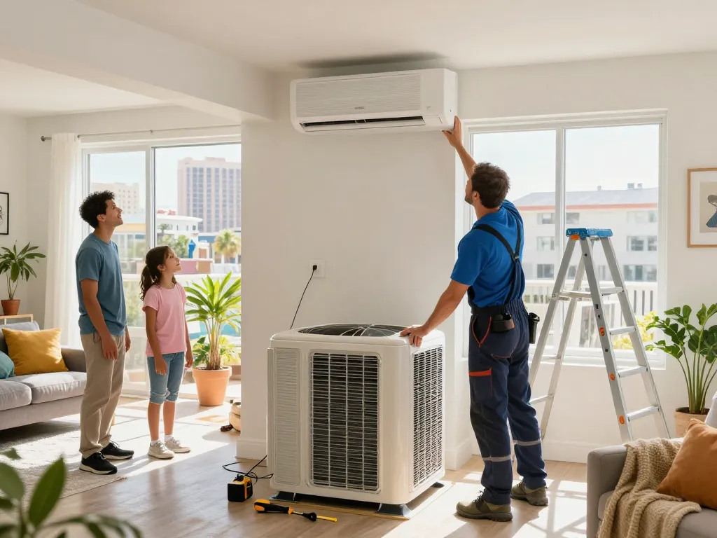 Expert HVAC technician installing a new unit in Las Vegas, ensuring comfort for families.