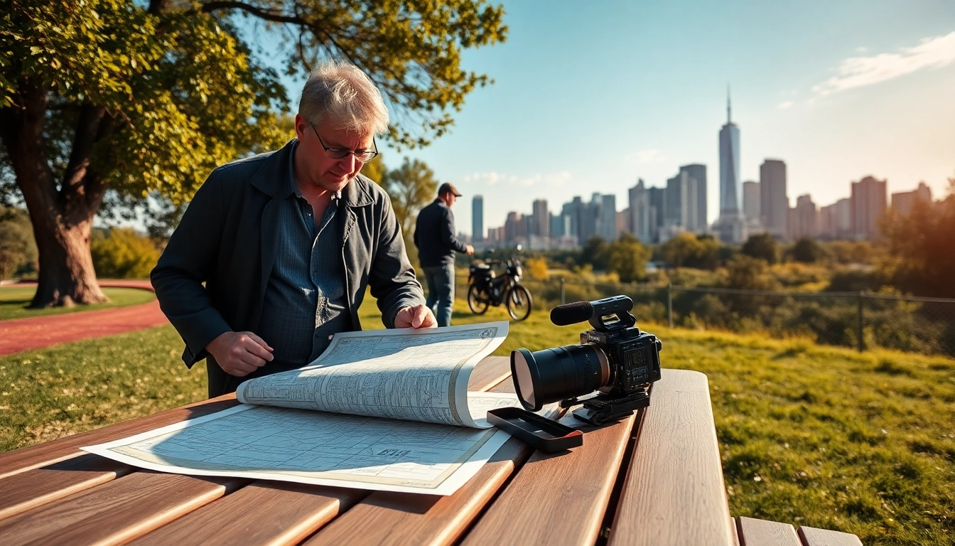 Location scouting preparations with a map and camera gear on a scenic outdoor table.