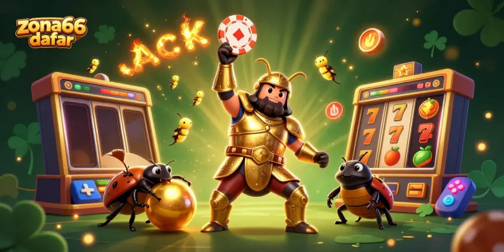 Zona66 daftar menampilkan ilustrasi 3D seru dengan berbagai elemen game kasino dan karakter menarik.