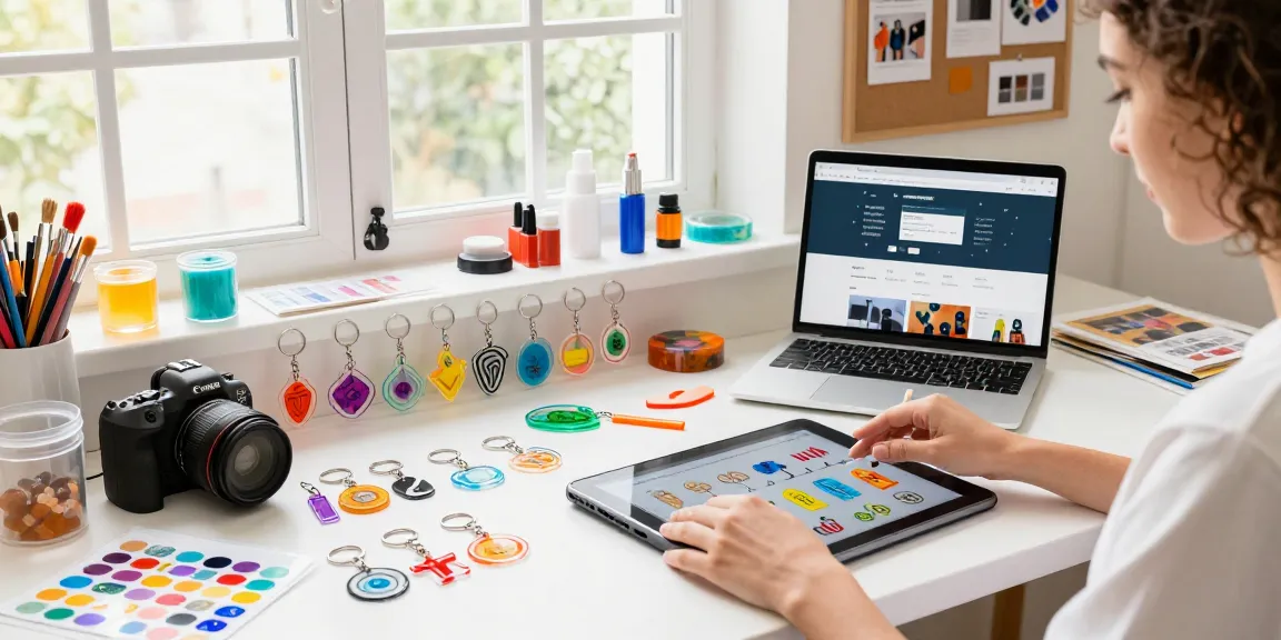 Custom acrylic keychain designs showcased in a vibrant e-commerce workspace with creative tools and cheerful atmosphere.