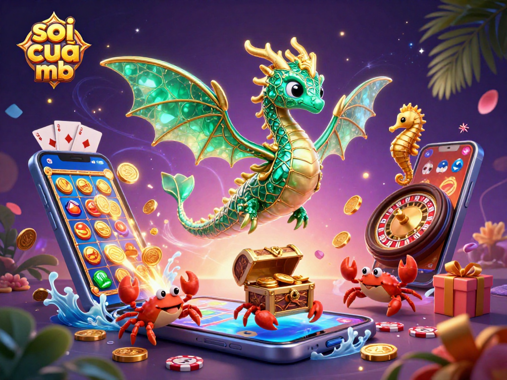 Soi cầu mb showcases a vibrant underwater scene with a majestic emerald dragon, a seahorse guard, and dynamic casino elements.