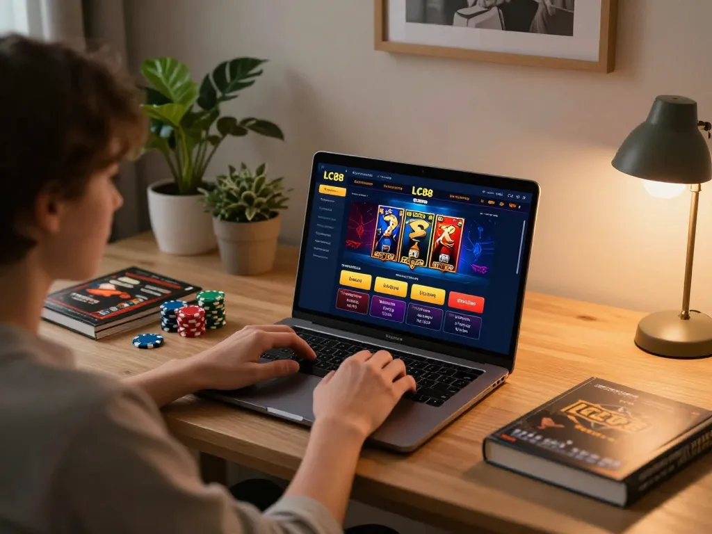 Engaging online gaming session on LC88 with a player using a laptop and poker chips on desk.