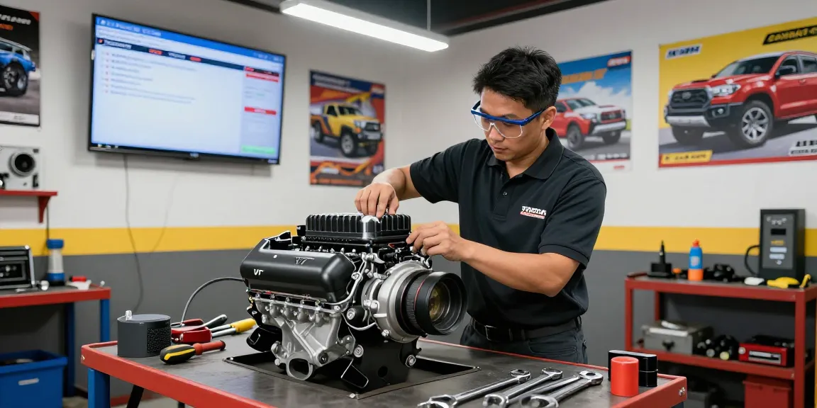 Installing a VT supercharger kit on a Toyota Tacoma in a professional automotive garage.
