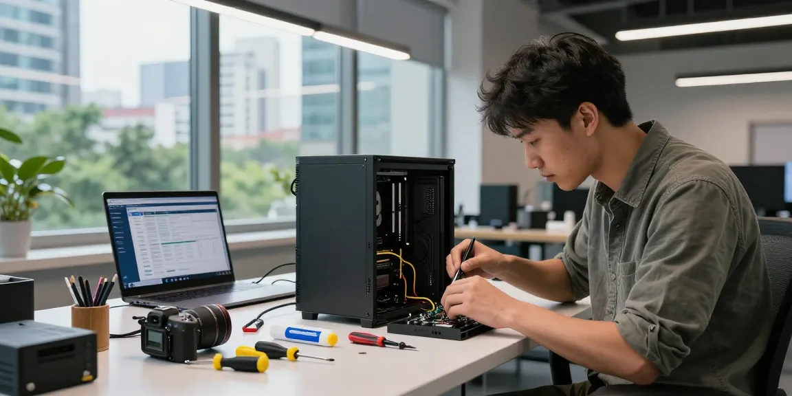 Technician assembling a refurbished PC with tools and components.
