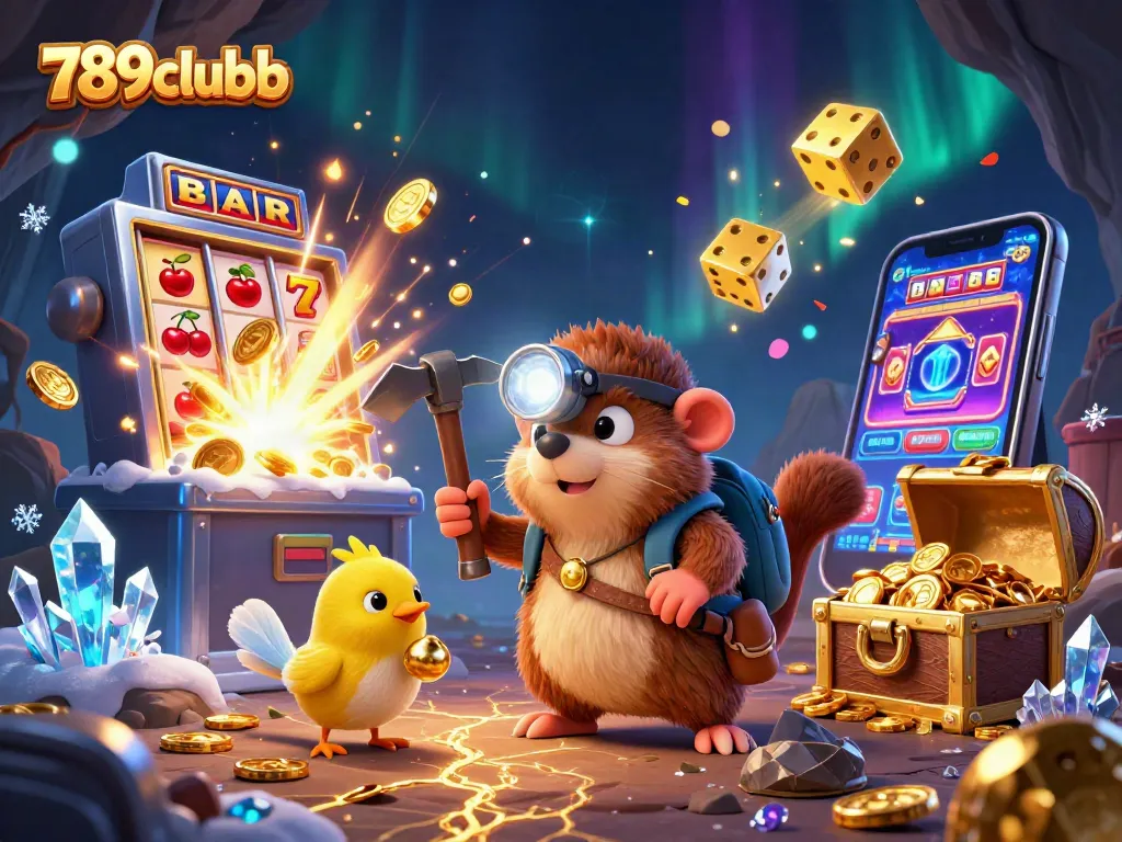 Experience the excitement of 789clubb with a treasure hunter mole discovering riches in a vibrant casino scene.