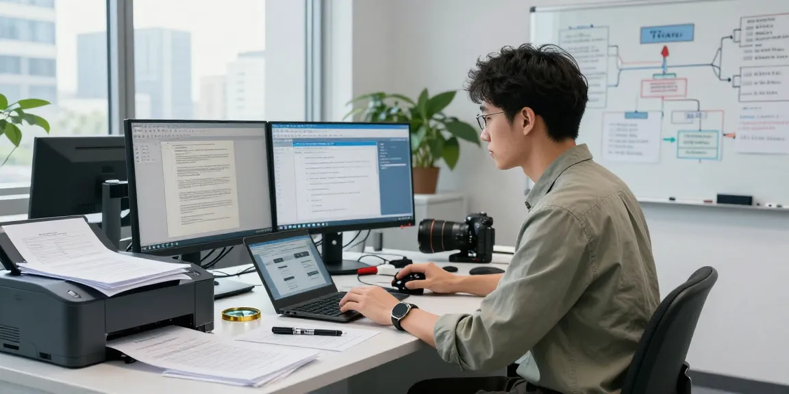 Cybersecurity analyst in a digital forensics lab focusing on document fraud detection processes, surrounded by analysis tools and evidence markers.