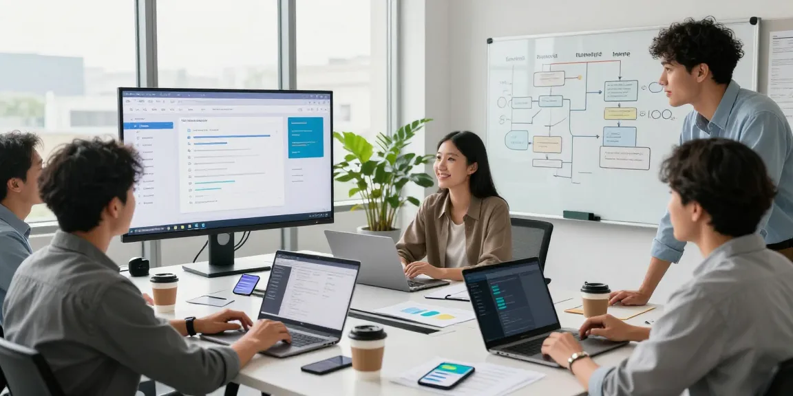 Team collaborating in a modern workspace featuring CRM with built-in marketplace tools for streamlined service management.