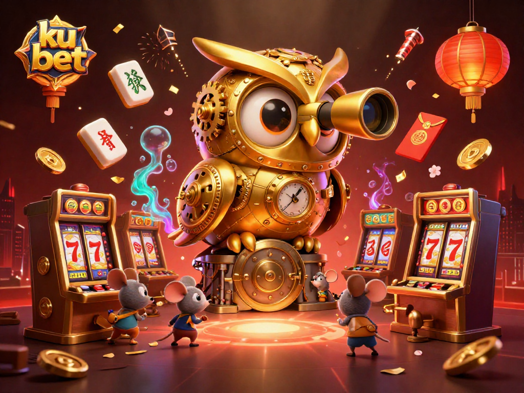 Engage in thrilling gaming action at ku bet with vibrant 3D casino scene featuring a golden owl and bustling mouse patrons.