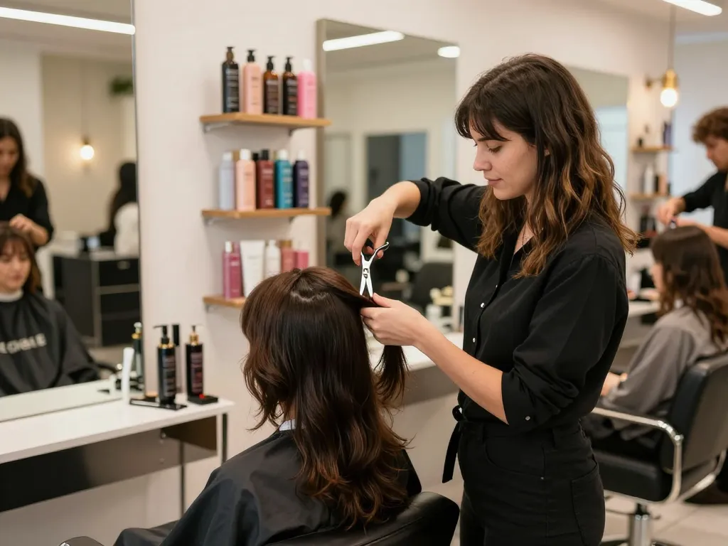 ladies hairdresser styling a client's hair in a vibrant salon