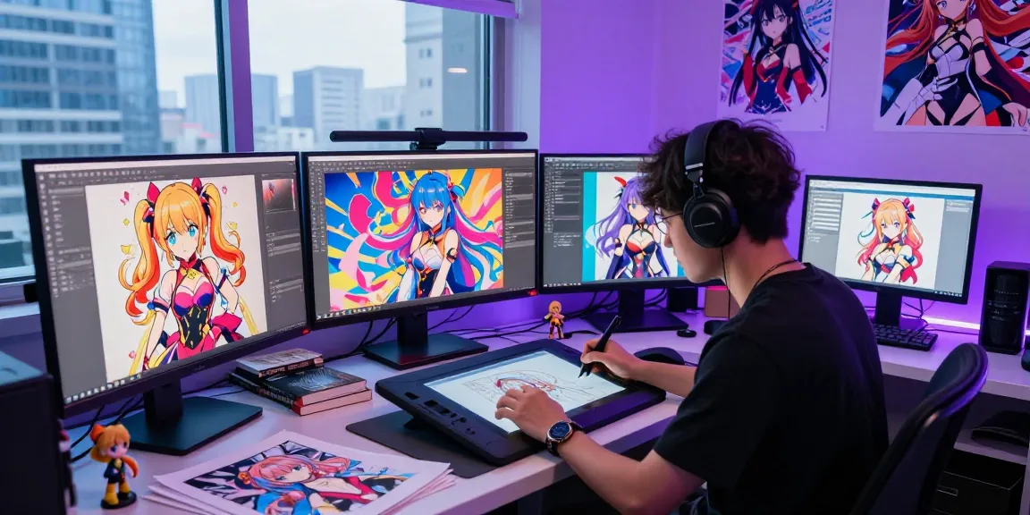 AI ecchi illustrations being created in a vibrant digital art studio by an enthusiastic artist surrounded by screens and art materials.