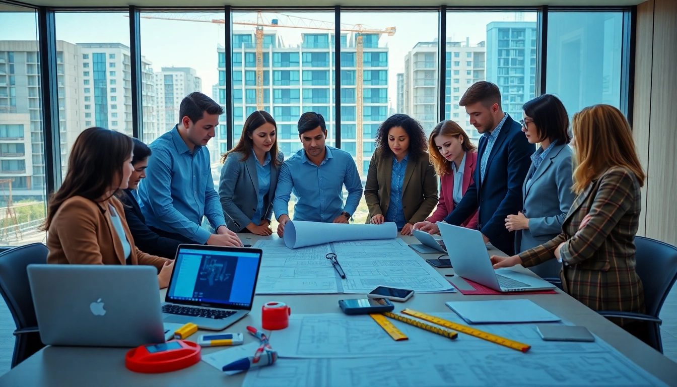 Construction association members collaborating on a project in a modern conference room.