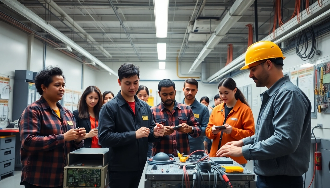 Low voltage training session highlights trainees engaged with electrical tasks in a professional setting.