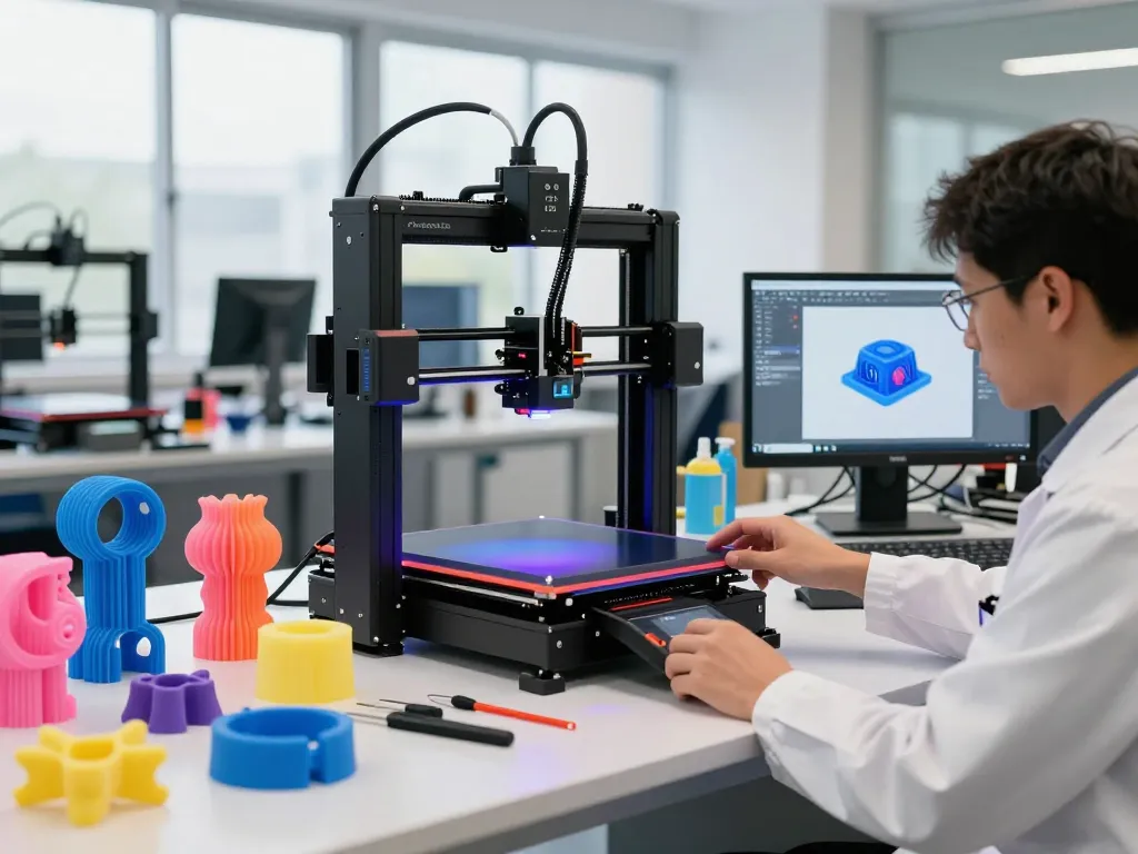 3D Printing technician operating advanced 3D printer with prototypes surrounding a vibrant workshop.