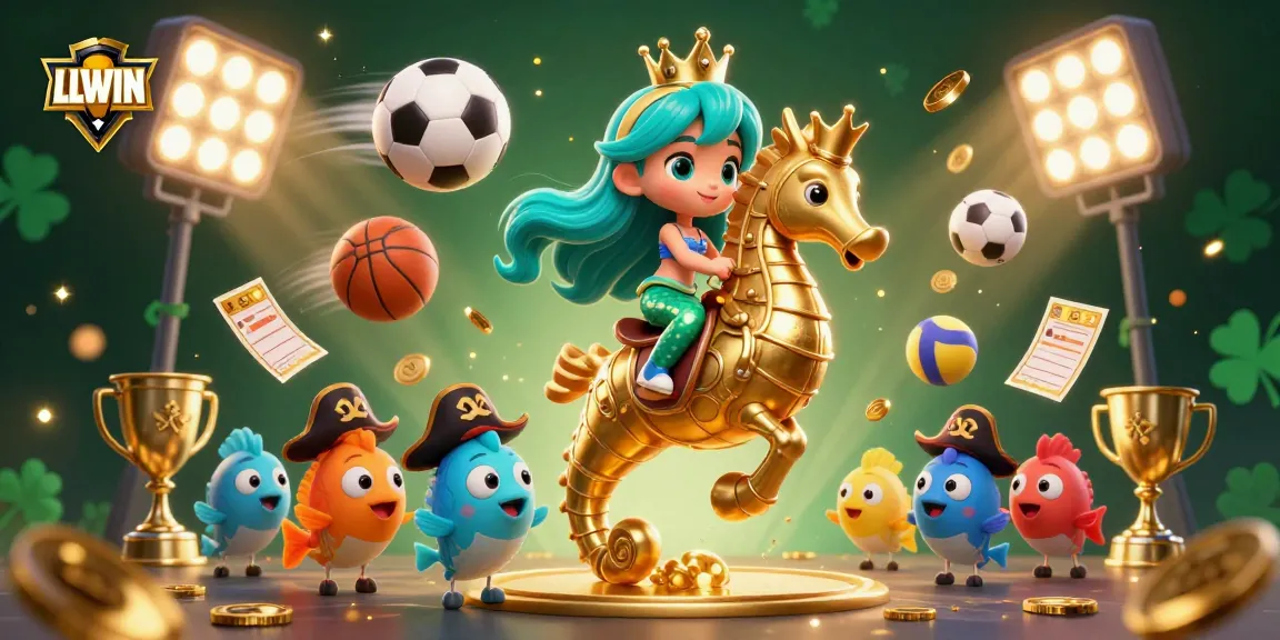 LLWIN unveils an exhilarating online gaming scene with a colorful mermaid, seahorse, and dynamic sports elements.