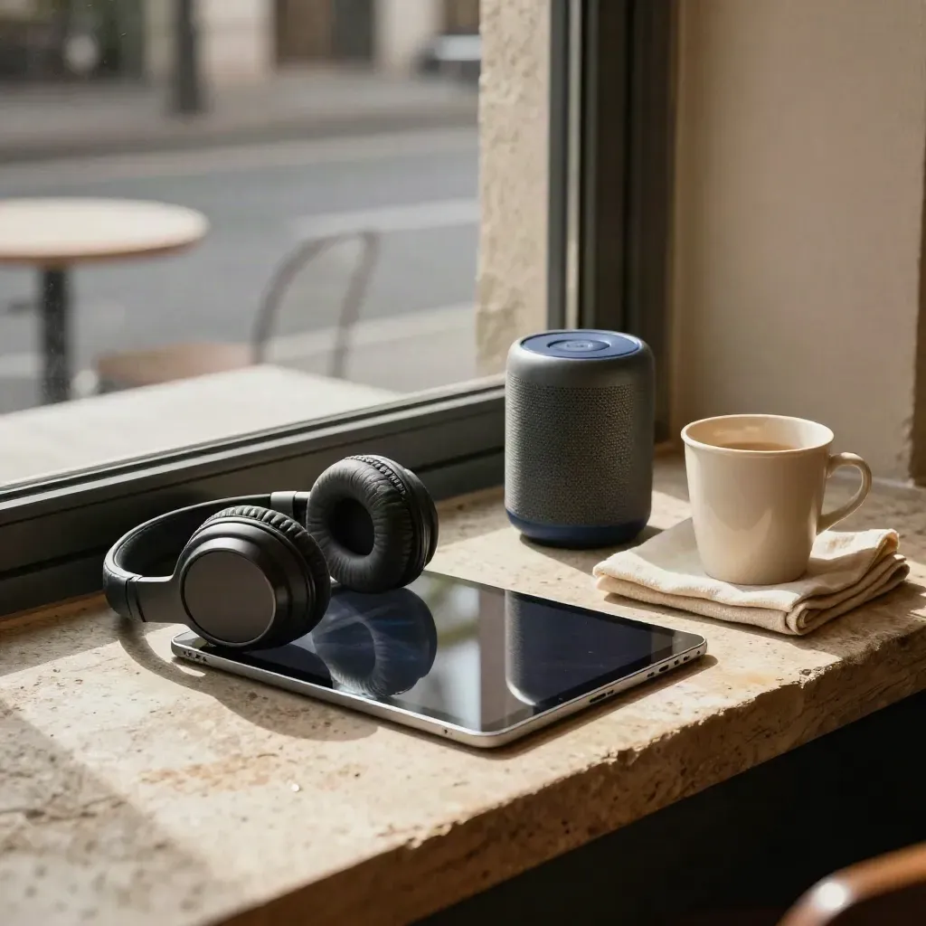 Tablet, headphones and speaker on a café windowsill with linen cloth and cup in warm afternoon light