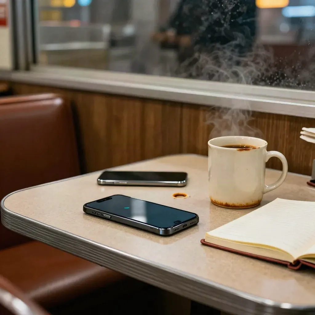 Late-night fast-food booth tabletop with vibrating phones, chipped mug, face-down notebook and steam