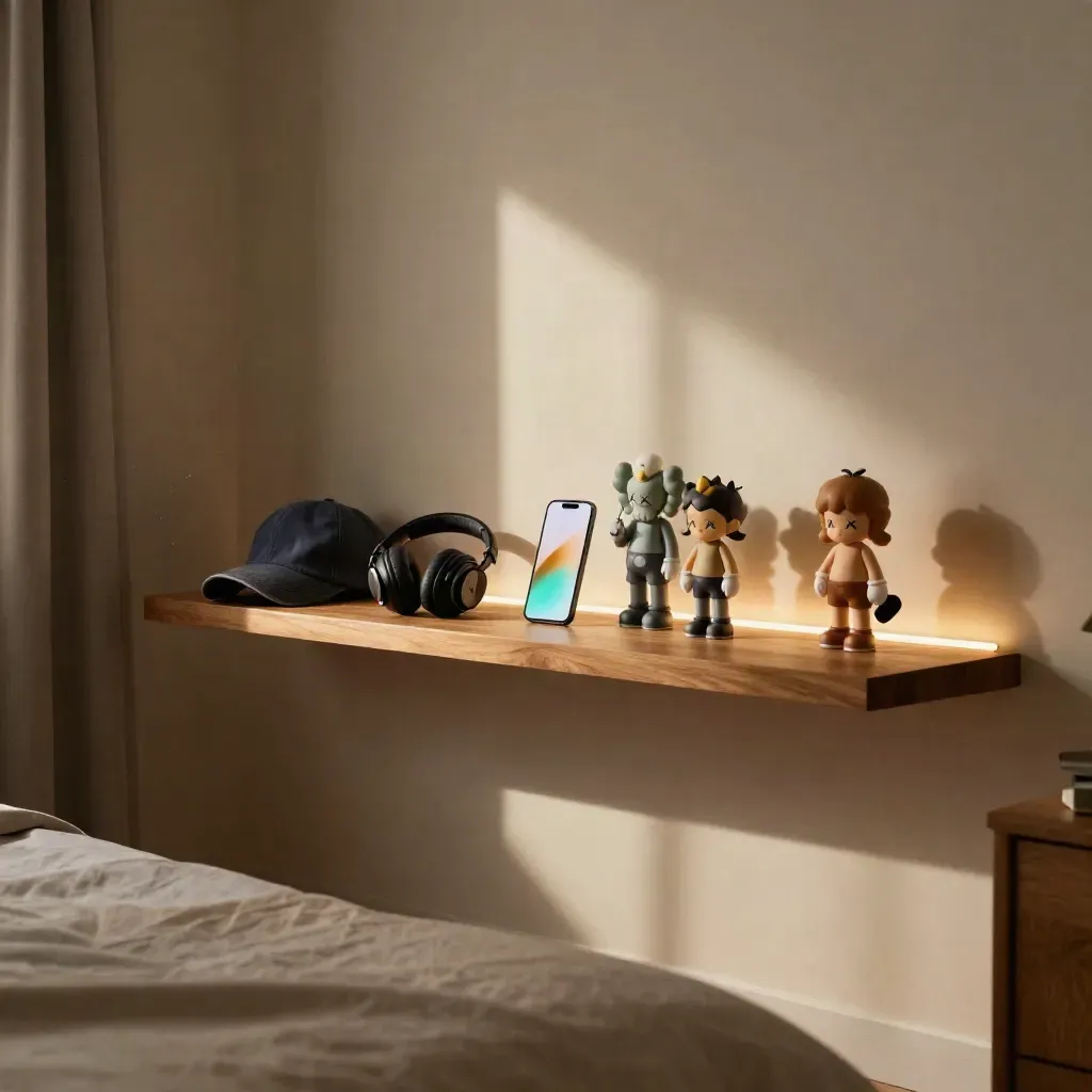Floor-level view up at a glowing bedroom shelf of fan keepsakes and collectibles.