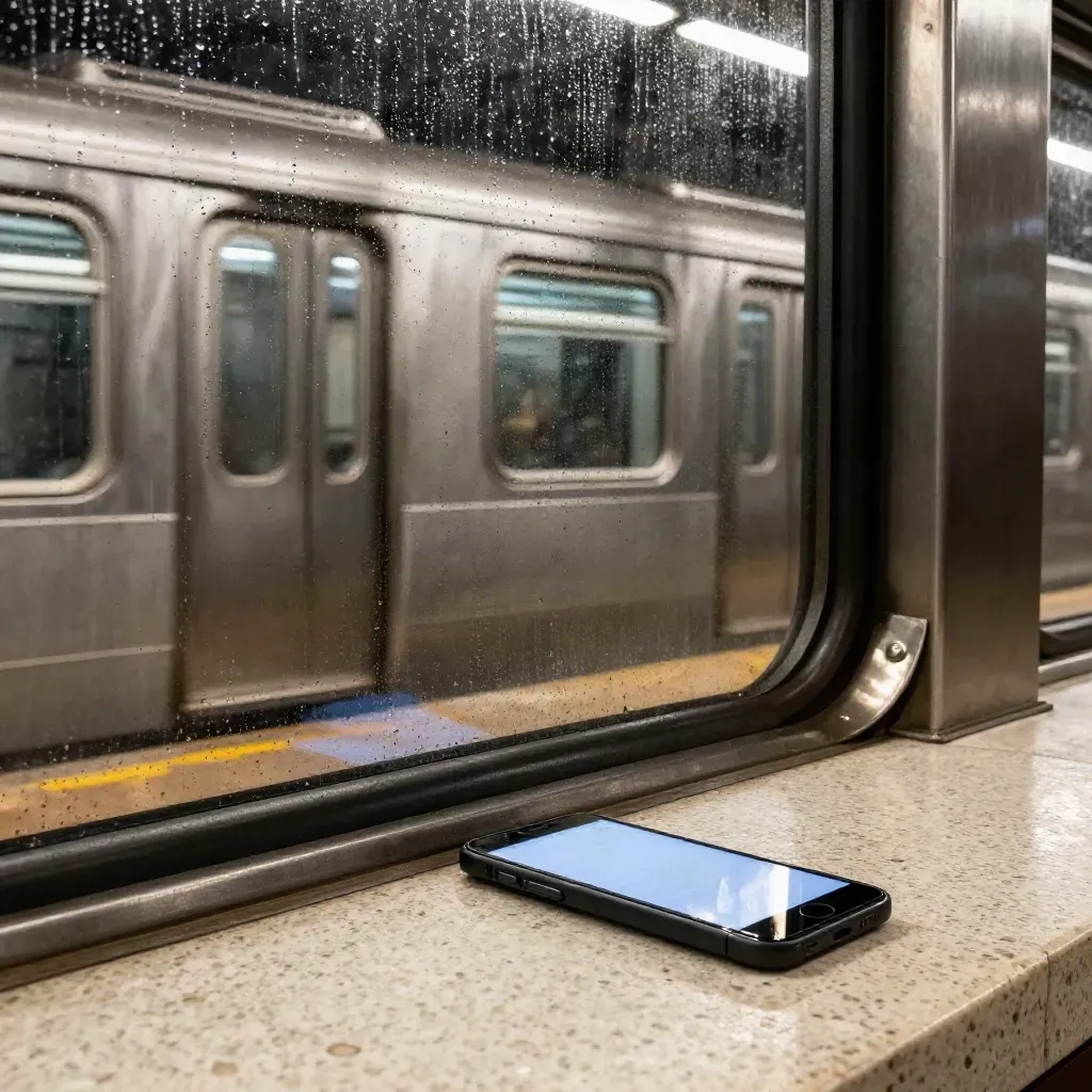 Rain-streaked subway window with a lit smartphone, train arriving behind it.