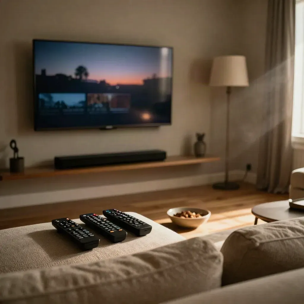 Cozy living room TV glow with remotes, soundbar, and snack bowl at dusk.