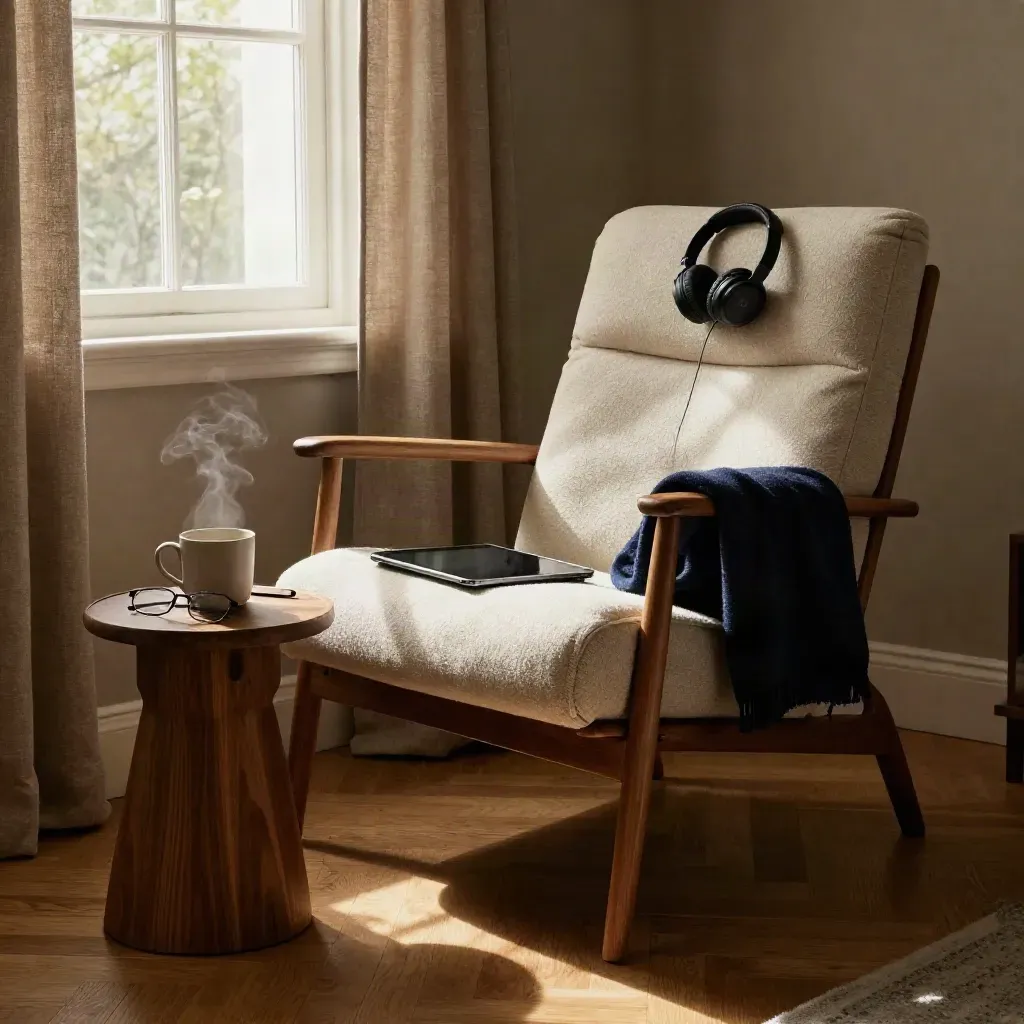 Reading chair by a window with tablet, headphones, glasses and mug in warm afternoon light.