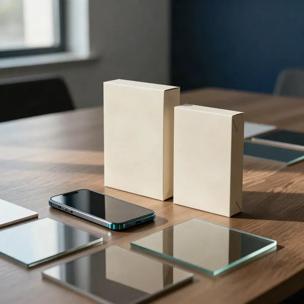 Packaging mockups, smartphone, and reflective sample tiles on a conference table in urgent warm light.