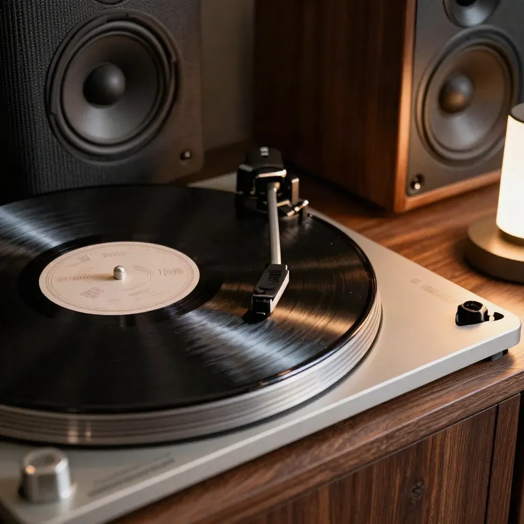 Spinning vinyl beside speakers, phone leaning nearby, lamp edge glowing warmly.
