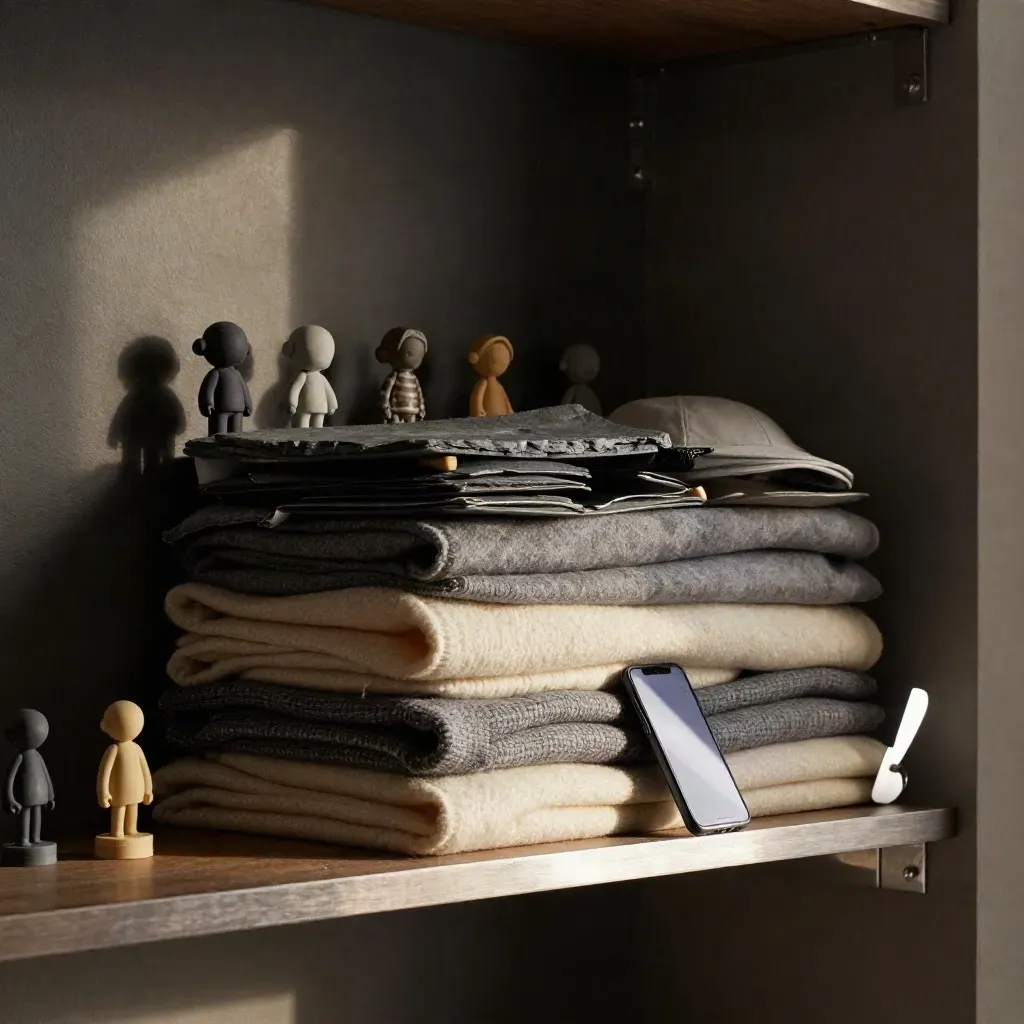 Upward view of fan scarves, caps, figures, and a phone casting premiere light on a shelf.