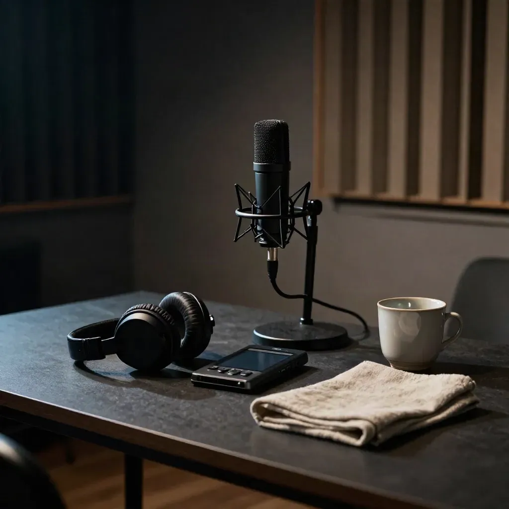 Podcast mic, headphones, recorder, cloth, and cup on a dark studio table in moody light