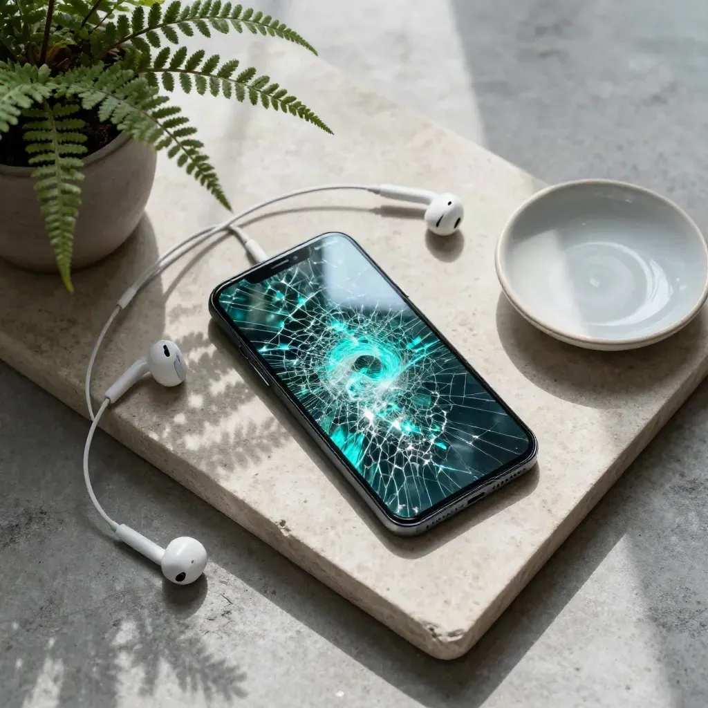 Cracked phone glowing cyan with earbuds, fern, and ceramic dish on stone tray.
